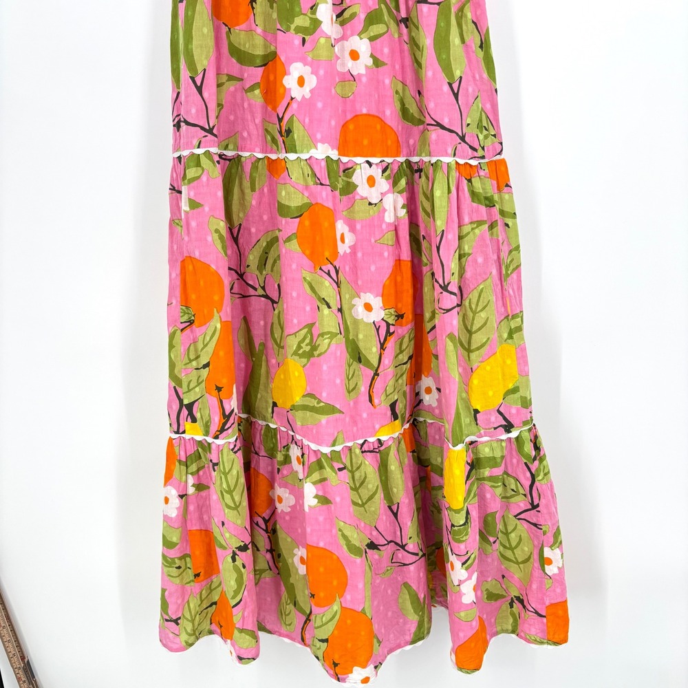 Olivia James The Label Pink Citrus Fruit Print Tiered Maxi Dress Ric Rac Trim XS - Picture 7 of 10